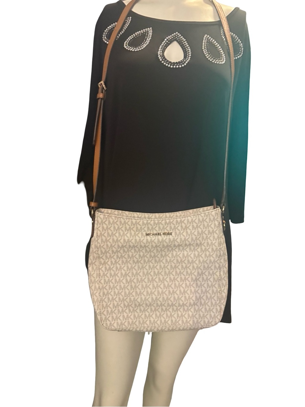 Michael Kors Cream Logo Crossbody Bag with Brown Strap